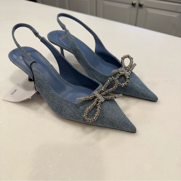 Mango MNG Women’s Denim Sling Backs With Crystal Bow Kitten Heel NEW Sz 7 NEW - Picture 4 of 13